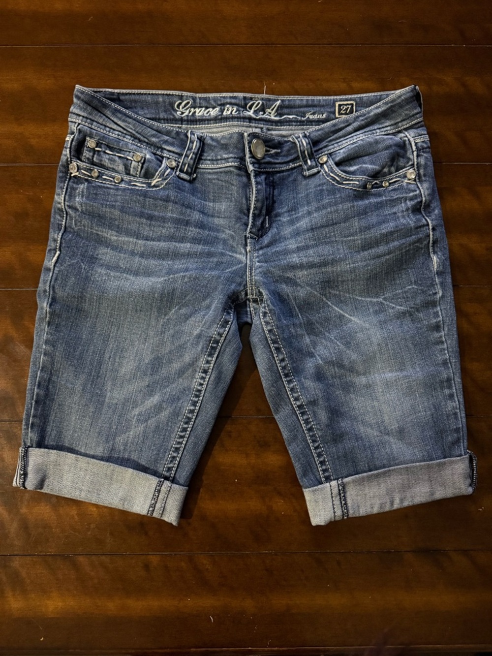 Grace in LA Rolled Hem Denim Bermuda Shorts - Blue
